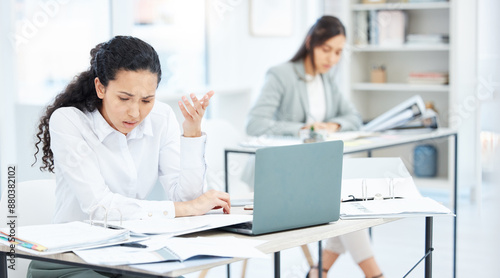 Confused, woman or stress in office for finance, company debt or error in document for business. Female bookkeeper, frustrated or shrug at desk for budget crisis, filing mistake or investment fraud