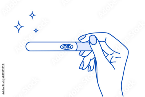 A girl's hand holds a pregnancy test with two stripes. Vector linear illustration.  Positive result.