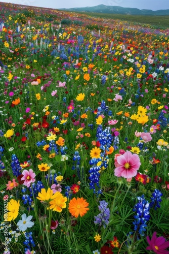 Aerial shot of a vast field of wildflowers in full bloom, patchwork of vibrant colors