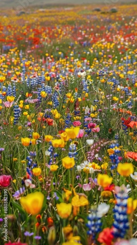 Aerial shot of a vast field of wildflowers in full bloom, patchwork of vibrant colors