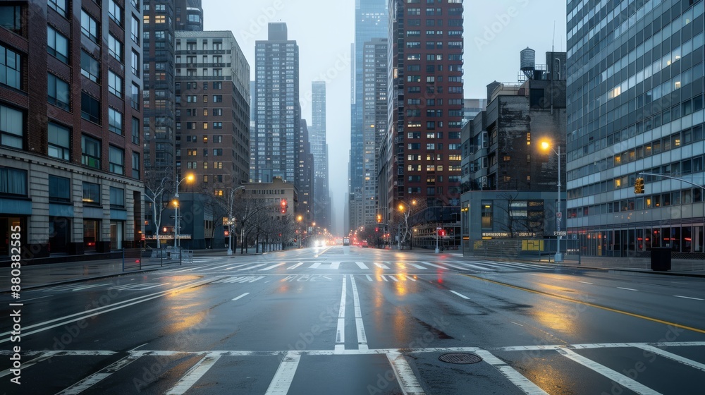 Fototapeta premium urban landscapes at dawn or dusk, featuring iconic city landmarks, empty streets, and illuminated skyscraers