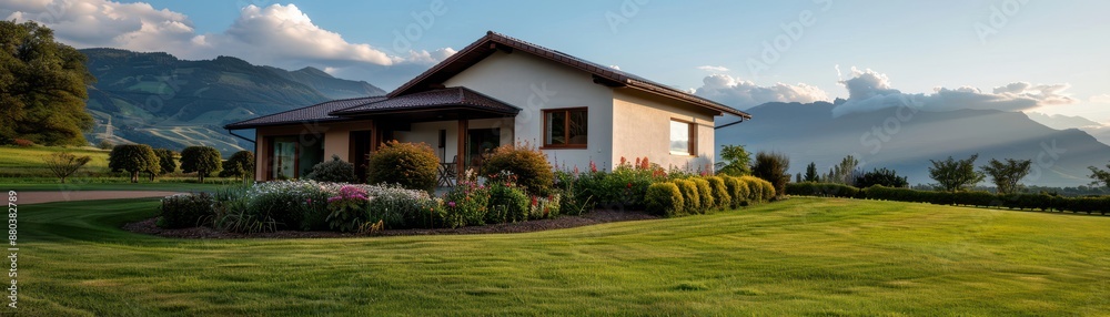 Beautiful Modern House with Lush Garden and Scenic Mountain View at Sunset Beautiful Modern House with Lush Garden and Scenic Mountain View at Sunset