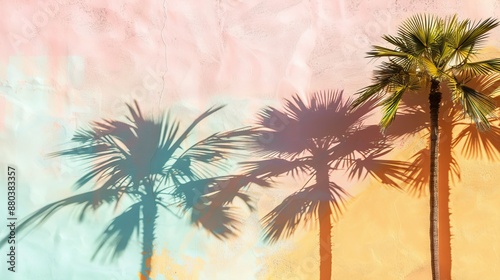 Tropical palm leaves casting beautiful shadows on a pastel-colored wall in the summer sun