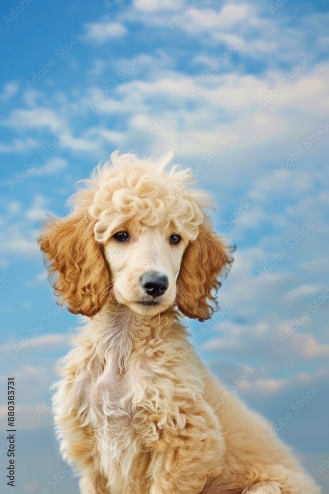 Poodle puppy against a backdrop of a clear blue sky with clouds. Poodle puppy against a backdrop of a clear blue sky with clouds.