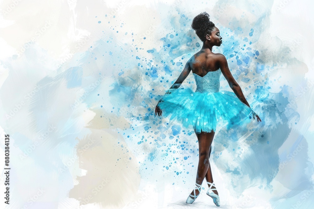Watercolor drawing on a white canvas captures the beauty of a ballerina: Dark-skinned, wearing a vibrant turquoise tutu, standing against a clean and radiant background Watercolor drawing on a white canvas captures the beauty of a ballerina: Dark-skinned, wearing a vibrant turquoise tutu, standing against a clean and radiant background