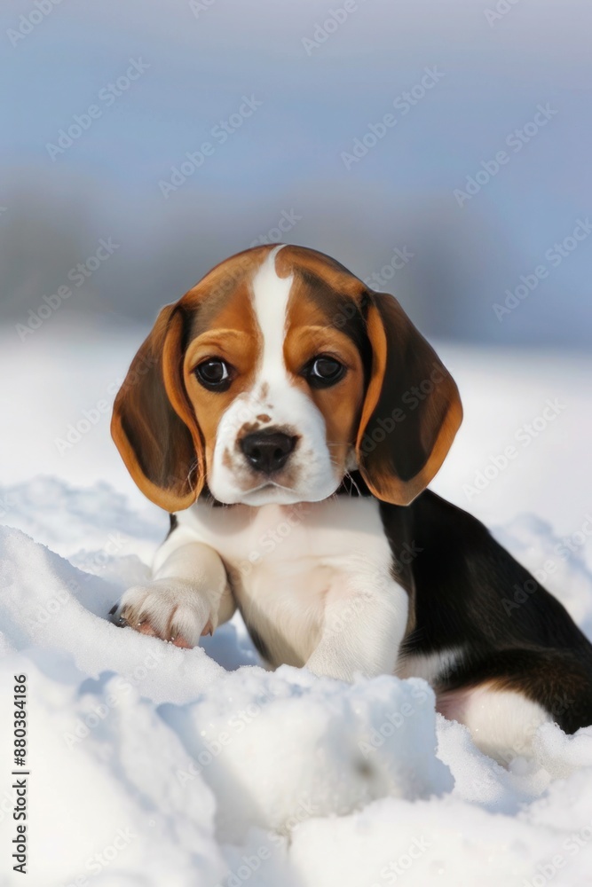 Beagle dog standing in the snow, looking ahead with curious expression Beagle dog standing in the snow, looking ahead with curious expression