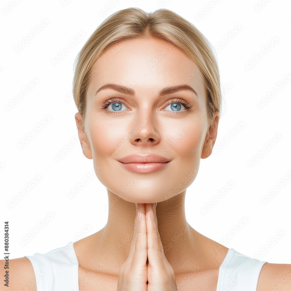 A woman in a half-body view, with visible arms, following an anti-wrinkle skincare routine. The background is isolated on a white background in a high-resolution photographic style. A woman in a half-body view, with visible arms, following an anti-wrinkle skincare routine. The background is isolated on a white background in a high-resolution photographic style.