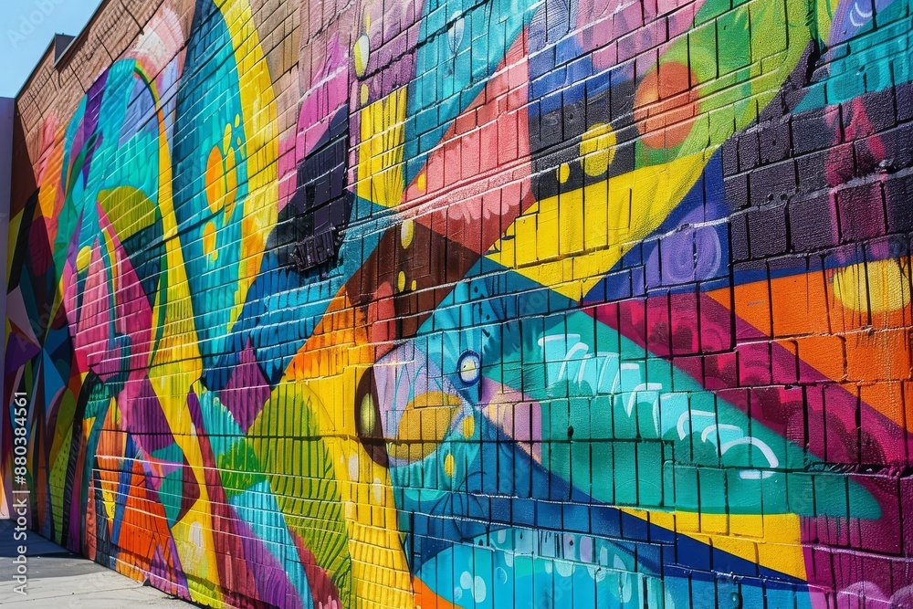 Colorful Geometric Graffiti Mural on Brick Wall in Urban Alley Colorful Geometric Graffiti Mural on Brick Wall in Urban Alley