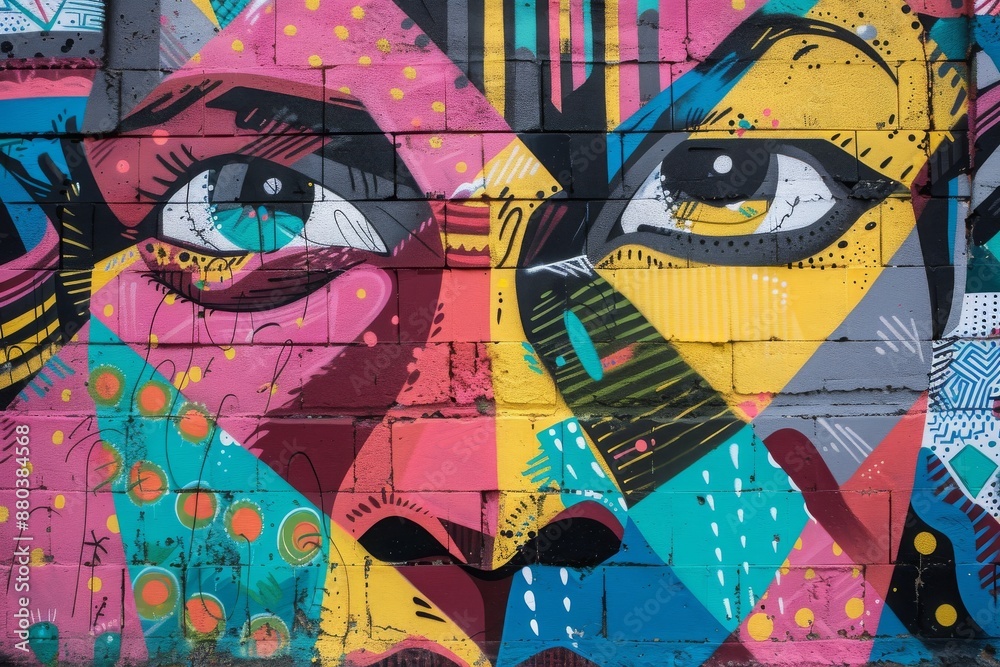 Colorful Graffiti Mural Of A Face On A Brick Wall