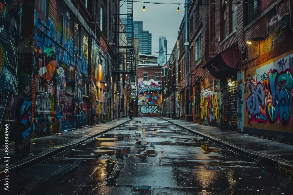 A Rainy Evening in a Graffiti-Covered City Alley A Rainy Evening in a Graffiti-Covered City Alley