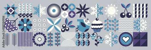 Winter geometric floral pattern. Ukrainian style. Scandinavian motifs. Merry Christmas and Happy New Year! Abstraction. Minimal illustration.