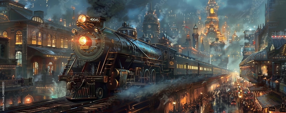 A steam locomotive chugging through a bustling city, its whistle announcing its arrival as it passes through crowded streets. A steam locomotive chugging through a bustling city, its whistle announcing its arrival as it passes through crowded streets.