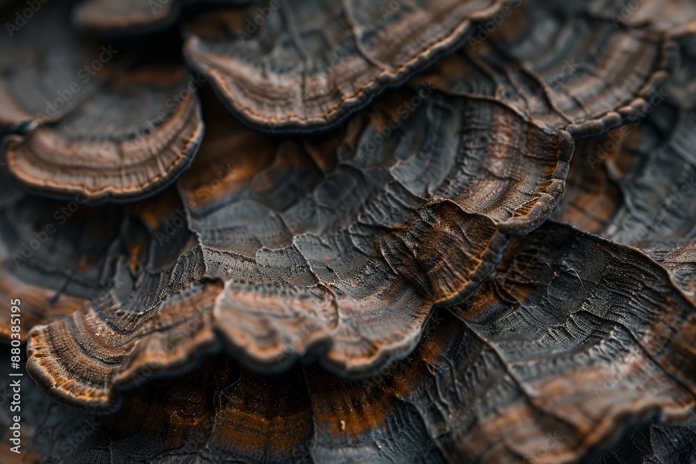 A close-up of the texture and pattern on an African dutchman mushroom, showcasing its unique ridged exterior with soft edges and dark brown coloration. The background is blurred to focus attention on A close-up of the texture and pattern on an African dutchman mushroom, showcasing its unique ridged exterior with soft edges and dark brown coloration. The background is blurred to focus attention on