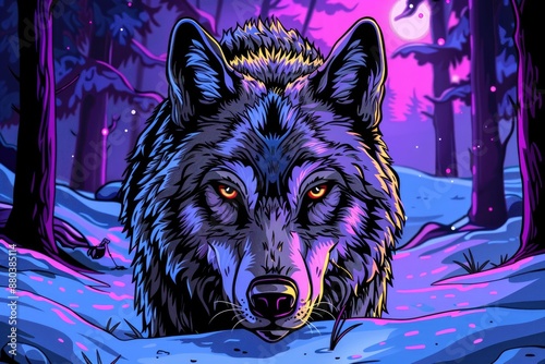 Colorful illustration of a wolfs face with glowing eyes in a snowy forest at night