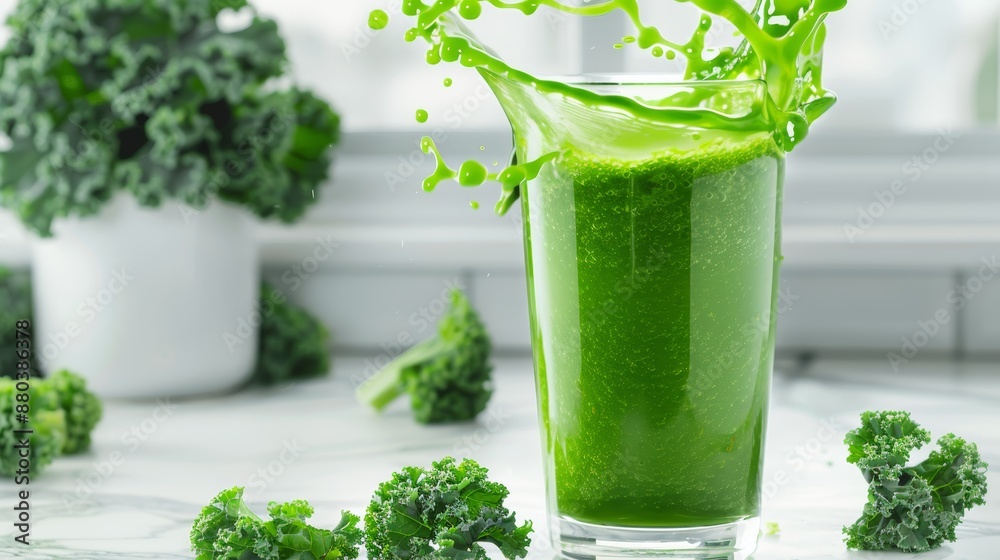 Kale juice splashing into a glass on a marble countertop Concept Green Smoothie close up theme Health Boost ethereal Composite breakfast nook, focus cover all object Kale juice splashing into a glass on a marble countertop Concept Green Smoothie close up theme Health Boost ethereal Composite breakfast nook, focus cover all object