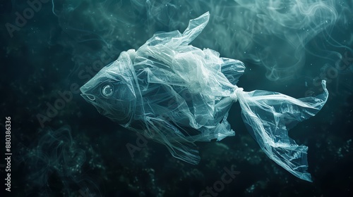 Plastic bag shaped like a fish floats in polluted water, highlighting plastic pollution in oceans and the dangers it poses to marine life photo