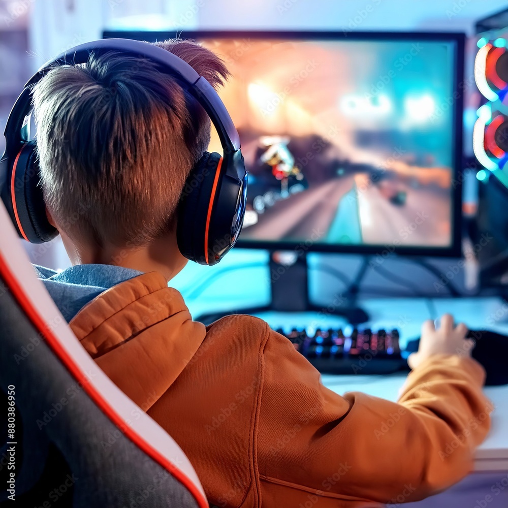 Child behind a Desk playing a Video Game - Player at Home playing a Racing or Adventure Game with Gaming Gear such as Headset, Chair and Desktop - Neon Colored Room -Young Boy Streaming a Online Game Child behind a Desk playing a Video Game - Player at Home playing a Racing or Adventure Game with Gaming Gear such as Headset, Chair and Desktop - Neon Colored Room -Young Boy Streaming a Online Game