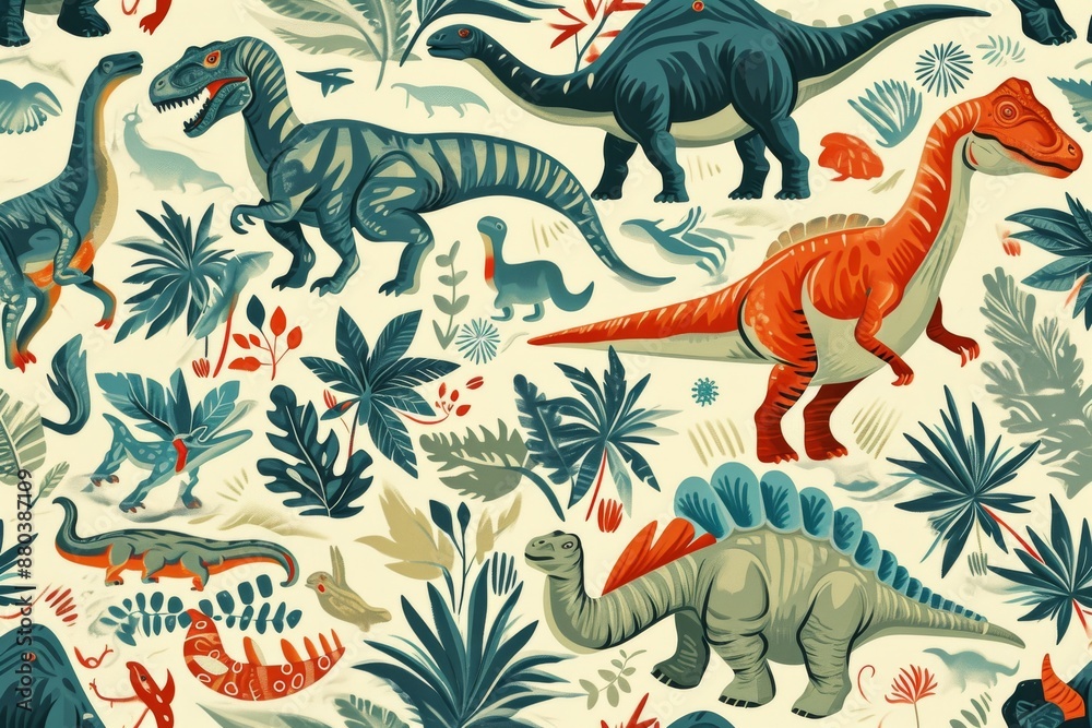A playful pattern of dinosaurs in a prehistoric setting, AI generated A playful pattern of dinosaurs in a prehistoric setting, AI generated