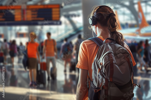 Young woman at the airport with headphones and a backpack traveling. Vacation, travel, adventure