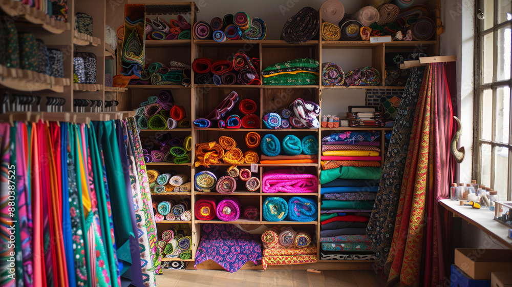 Fototapeta premium A modern tailor's workshop is full of vivid colors thanks to carefully arranged fabrics that tempt with their richness of patterns and textures.