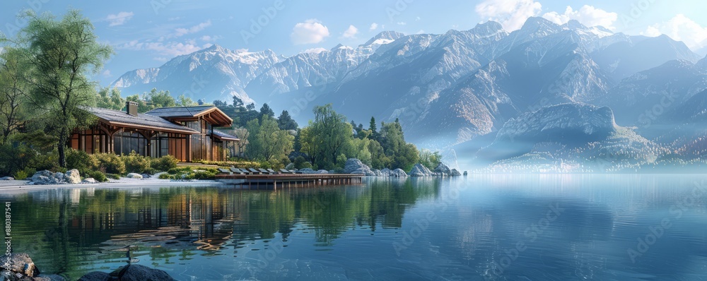 A tranquil lakeside retreat surrounded by towering mountains, where guests relax and unwind amidst stunning natural beauty. A tranquil lakeside retreat surrounded by towering mountains, where guests relax and unwind amidst stunning natural beauty.