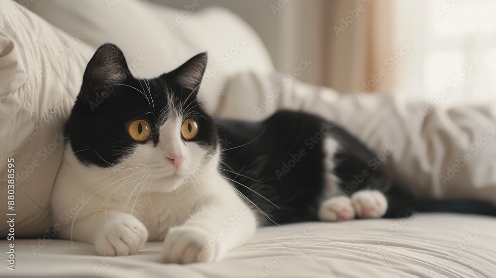 Beautiful black and white cat with yellow eyes, lying on a white sofa, cozy living room with soft ambient lighting Beautiful black and white cat with yellow eyes, lying on a white sofa, cozy living room with soft ambient lighting