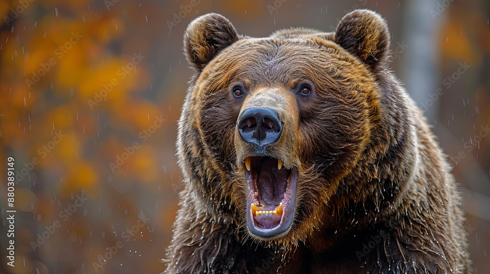 Obraz premium A bear is standing in the rain with its mouth open, showing its teeth