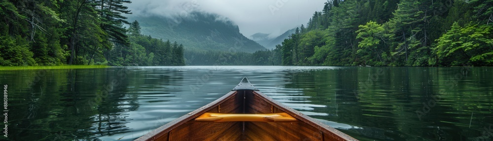 A peaceful canoe ride on a calm lake with lush green forest and misty mountains in the background, capturing the essence of nature's tranquility.