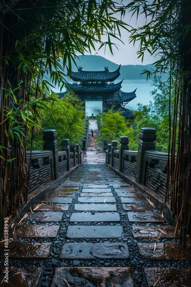 Obraz premium A stone walkway leads to a pagoda in the rain.