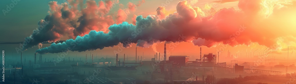 A panoramic view of an industrial factory emitting smoke during sunset, highlighting environmental pollution and industrial impact. A panoramic view of an industrial factory emitting smoke during sunset, highlighting environmental pollution and industrial impact.