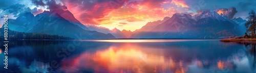 Breathtaking panoramic view of a vibrant sunset reflecting on a tranquil lake, framed by towering mountains and a colorful sky.