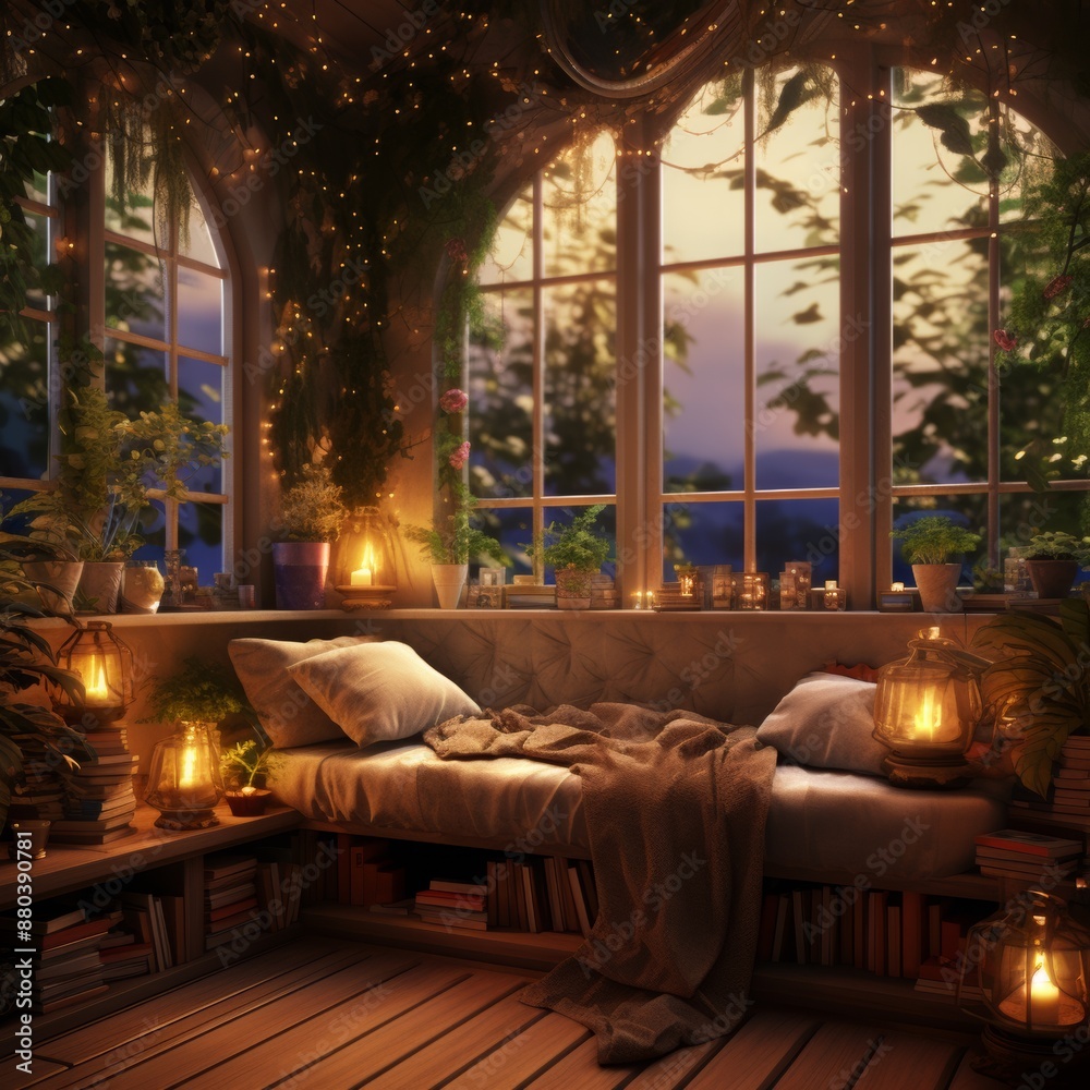 Fototapeta premium Experience cozy bedroom with twinkle lights, plush bed by window, stylish bookshelves, tranquil ambiance. Unwind and recharge in peaceful sanctuary, perfect for rejuvenating.