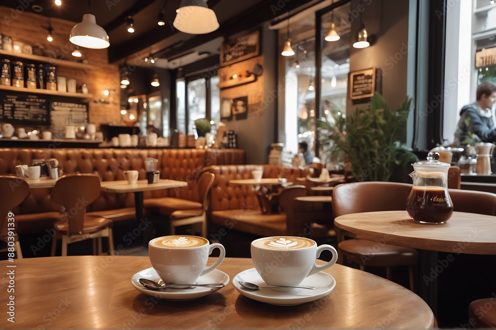 Fototapeta premium Warm light fills a stylish cafe interior with wooden tables and chairs