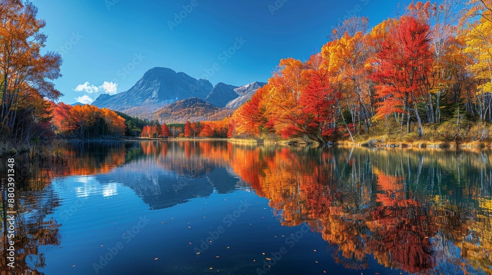 Fototapeta premium Beautiful Autumn Lake Scene - Generative AI