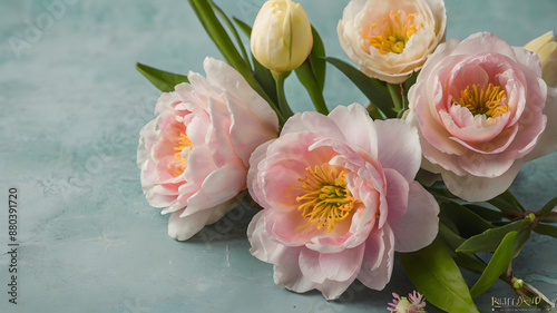 Soft pink peonies bouquet on pastel blue, elegance, beauty, calmness photo