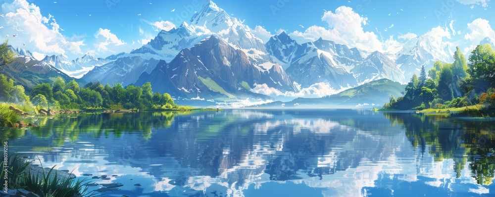 Naklejka premium A serene mountain lake reflecting the snow-capped peaks that surround it.