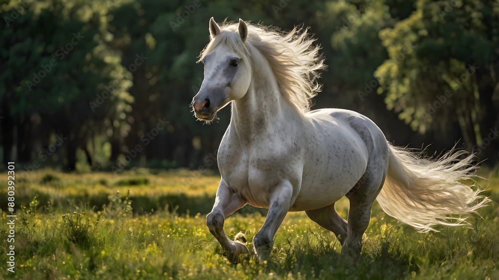 White horse running field, freedom, power, beauty White horse running field, freedom, power, beauty