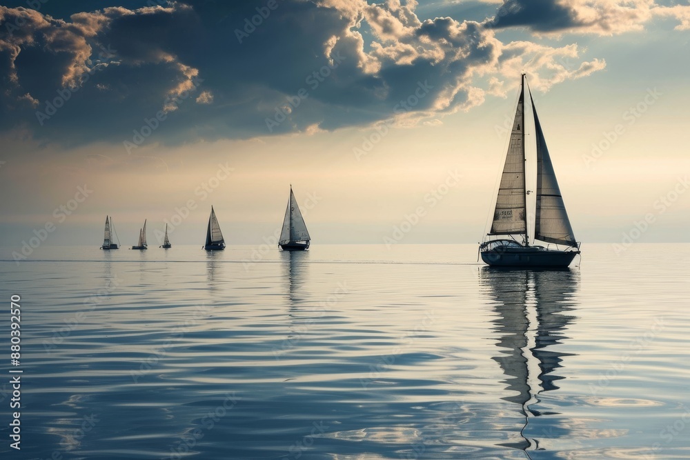 Obraz premium A group of sailboats drifting on a calm sea, AI generated
