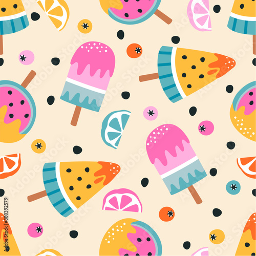 Seamless pattern with summer ice cream and fruits.
