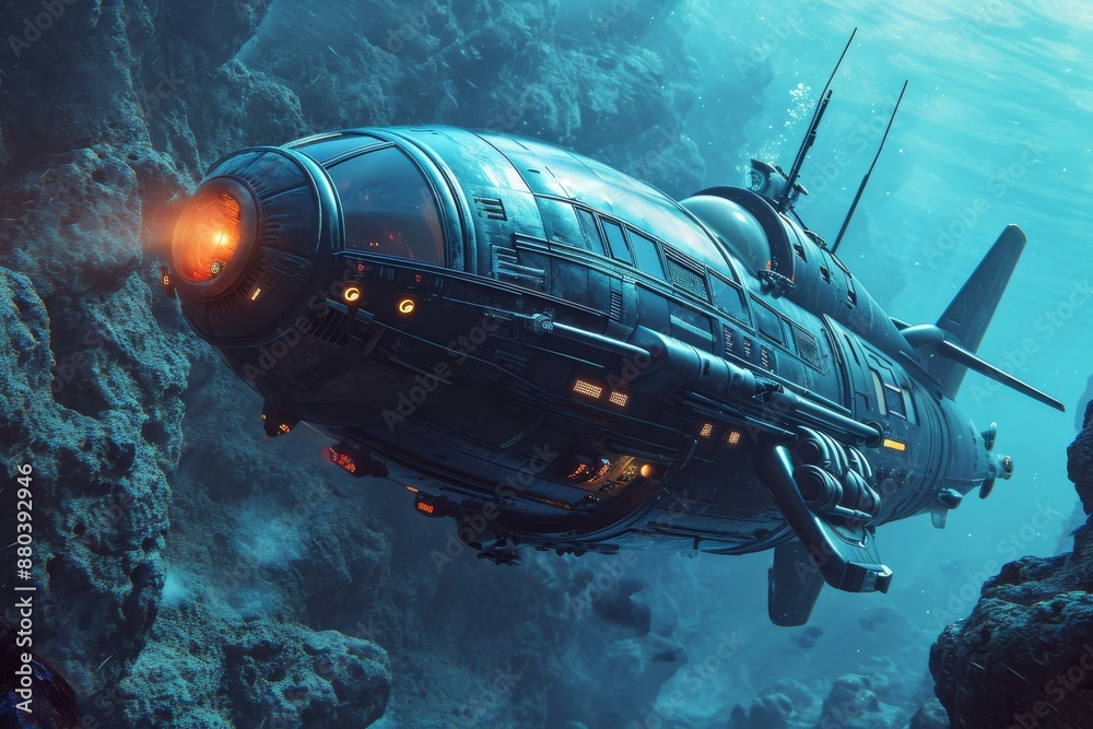 A futuristic submarine exploring deep-sea life, AI generated A futuristic submarine exploring deep-sea life, AI generated