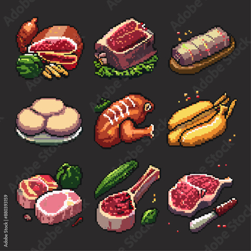 Pixel art food icons. meat, chicken, pork, and sausages for restaurant menu or game design