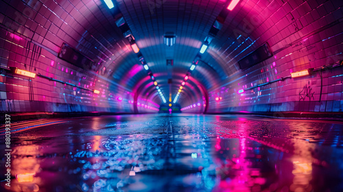 graffiti-covered subway tunnel with vibrant colors and neon lights creating a futuristic atmosphere