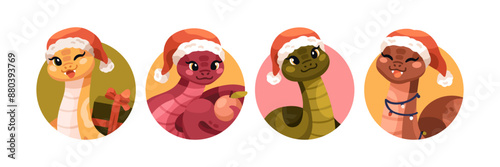 Cute snakes, CNY mascots, avatars set. Funny happy serpent animal characters ...