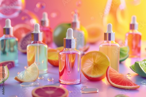 Colorful Dropper Bottles and Citrus Slices on Iridescent Surface photo