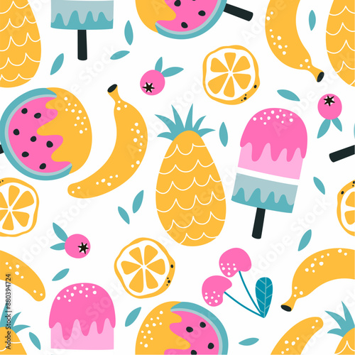 Summer pattern with popsicles and fresh fruits.