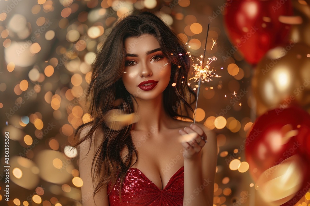 A stunning woman in a red dress holds a sparkling firework, surrounded by festive balloons and golden lights, exuding elegance and joy A stunning woman in a red dress holds a sparkling firework, surrounded by festive balloons and golden lights, exuding elegance and joy
