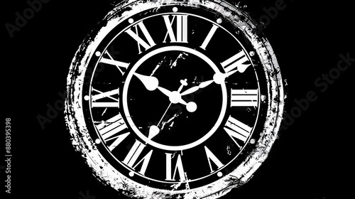 A black and white clock with roman numerals.