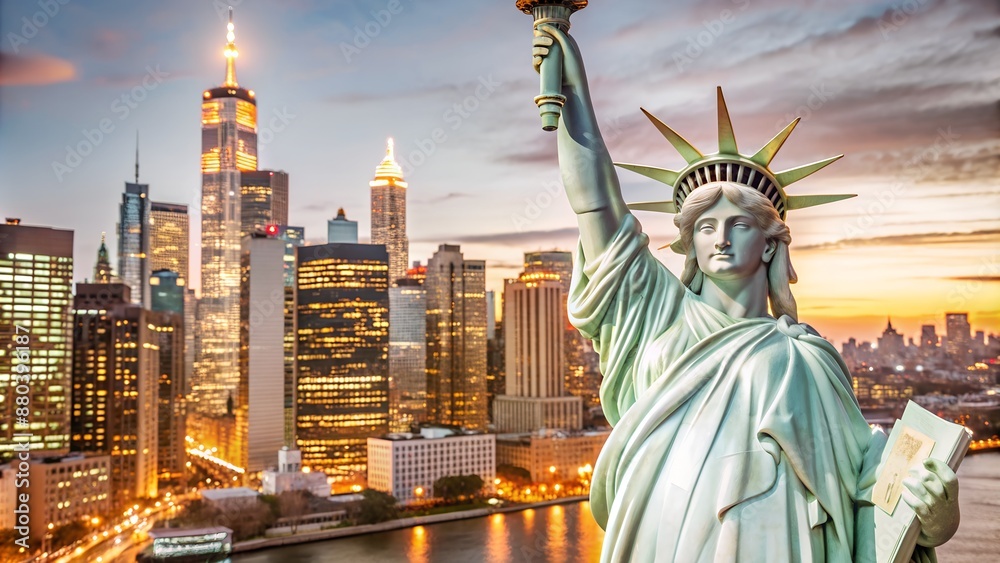 Fototapeta premium Illuminated Statue of Liberty and Manhattan Skyline - Iconic New York City Nightlife