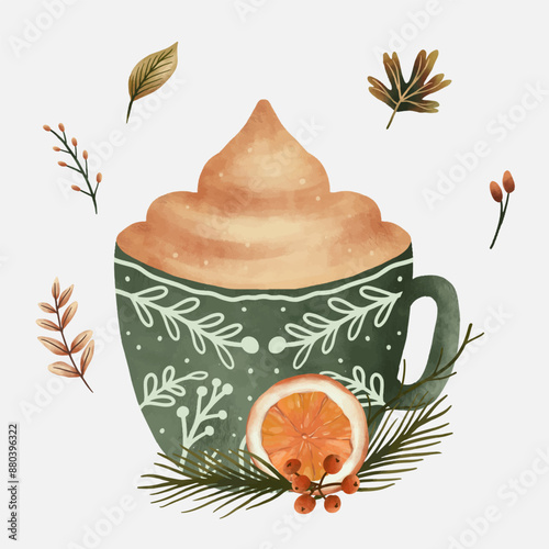 Autumn Hot drink and leaves vector illustration