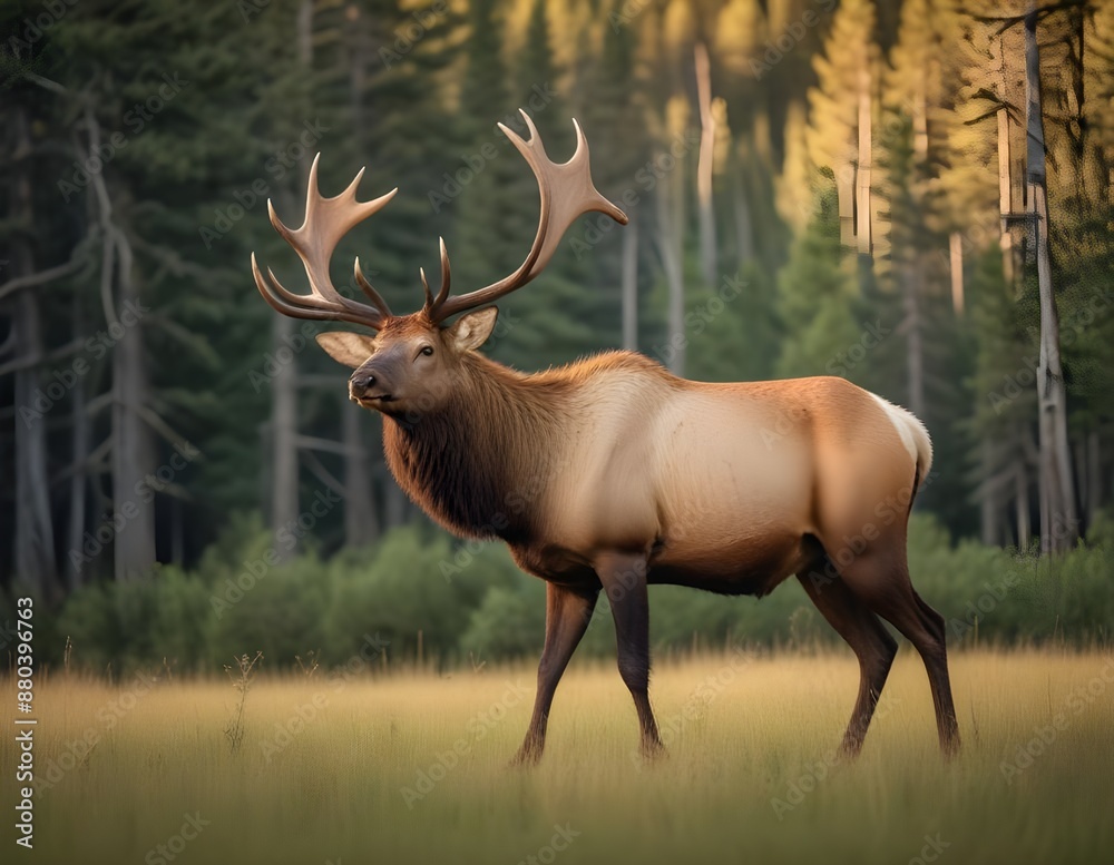 A large male elk with impressive antlers standing in a grassy field with a forested background A large male elk with impressive antlers standing in a grassy field with a forested background